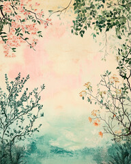 Artistic floral background with soft colors and greenery for design purposes with copy space

