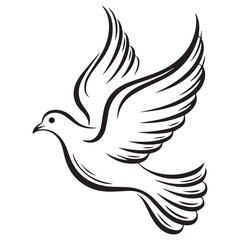 Obraz premium Stylized black outline of a dove in flight with wings spread wide against a clean white background