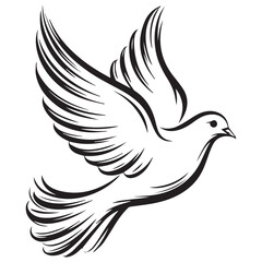 Obraz premium Stylized black and white graphic of a dove in flight with flowing wings and tail feathers