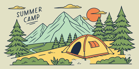 Summer camp concept. Camping landscape. Sunny day landscape illustration in flat style with tent, mountains and forest. Banner or poster for summer camp, nature tourism, camping, hiking, trek