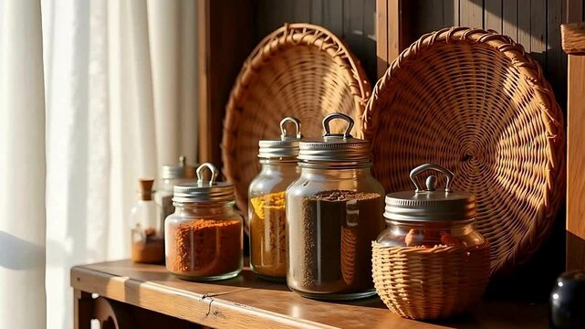 Kitchen spices and herbs are stored in rustic glass jars with woven basket decor creating a cozy, charming food scene.