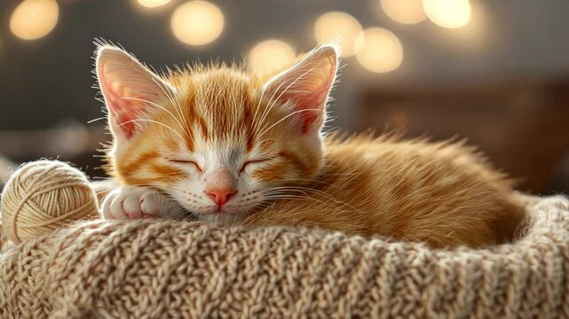 An adorable orange kitten rests soundly in a snug basket, wrapped in soft yarn with gentle lights creating a warm atmosphere
