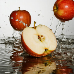 Fresh red apple cut in half splashing in water on a clean background