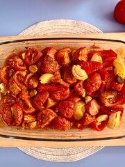 Autumn mix of vegetables and spices baked in the oven. Organic food. view from above