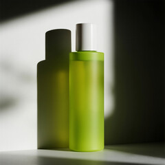 A modern minimalist product photo featuring a neon green cosmetic bottle standing upright on a white surface. The scene is illuminated by dramatic side lighting, creating a long shadow effect.