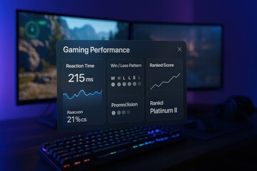 Gaming Performance Interface Showing Reaction Time, Win/Loss Pattern, and Ranked Score Progression in Gaming Setup
