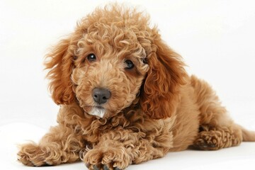 Cute red toy poodle puppy is lying on a white background