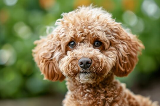 Small brown cavapoo dog sitting in a green garden