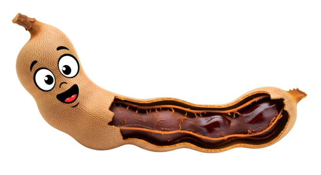 Cheerful Tamarind Mascot Presents Split Open Pod with Seeds on Transparent Background