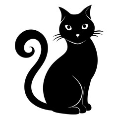 Elegant black cat silhouette sitting calmly with its tail curled