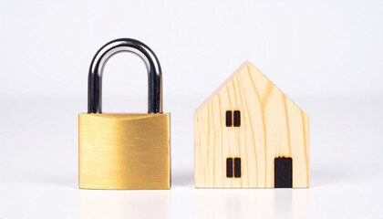 Padlock and small wood house model on white background. Symbol of secured property investment