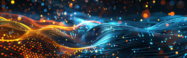 Futuristic motion trails in glowing tones of orange and cyan swirl over a shadowed field. Generative AI