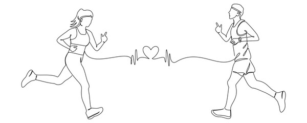 Continuous line drawing of energetic running of women and men. Healthy sports training concept 2