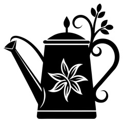 Simple black silhouette of a watering can with a single droplet