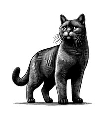 Fototapeta premium Elegant Black Cat Standing Gracefully in Detailed Engraved Style Black and White Illustration