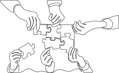 One Line Drawing of Business Team Solving Puzzle Together. Minimalist Concept of Teamwork and Collaboration Isolated On a White Background