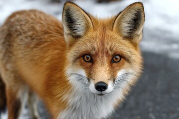 Obraz premium Wild red fox with striking orange fur and pointy ears standing on a gray ground, patches of snow scattered around, intently looking ahead in a serene winter landscape