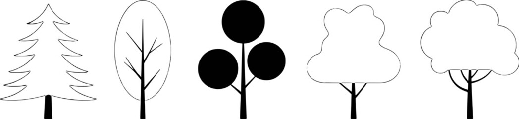 Diverse tree shapes and styles in black and white evergreen deciduous