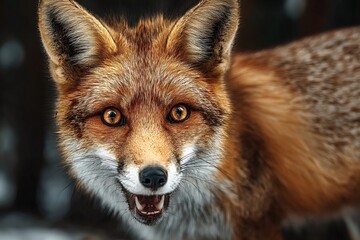 Obraz premium Wild red fox displaying sharp teeth and an intense stare, highlighting vibrant orange fur and captivating gaze in a natural setting, surrounded by winter's snow covered forest