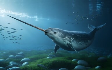 An enchanting narwhal gracefully swimming beneath the ocean's surface, its tusk prominently displayed, creating a magical underwater scene