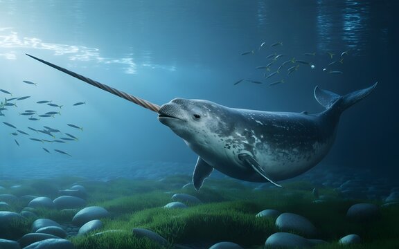 An enchanting narwhal gracefully swimming beneath the ocean's surface, its tusk prominently displayed, creating a magical underwater scene