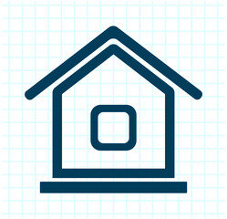 Simple house outline icon in dark blue on a white background with blue grid, minimalistic flat design.