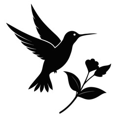Elegant black silhouette of a hummingbird in flight near a flower
