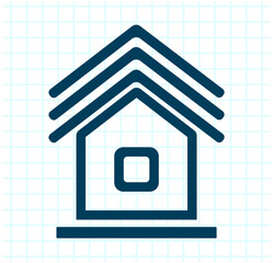 Simple house outline icon in dark blue on a white background with blue grid, minimalistic flat design.