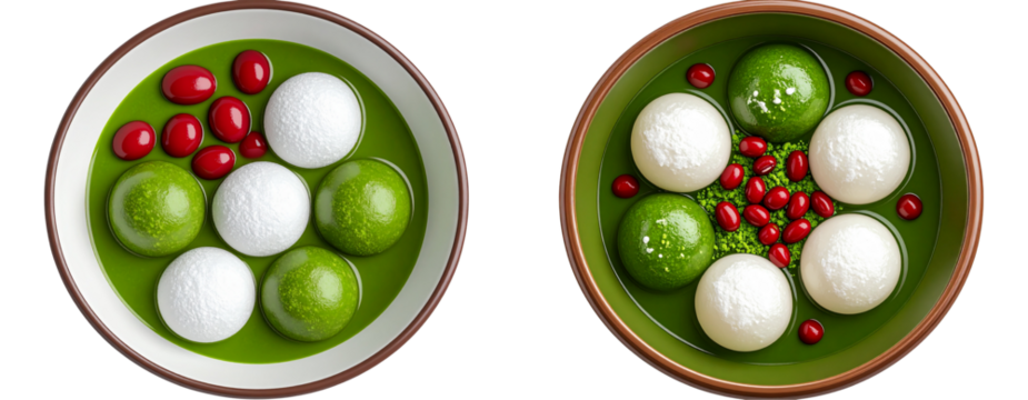  Top View 3D Illustration of Matcha Dessert Bowl with Mochi and Red Beans, isolated on transparent background PNG