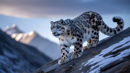 Obraz premium A snow leopard gracefully walks across a rocky terrain, showcasing its stunning fur pattern