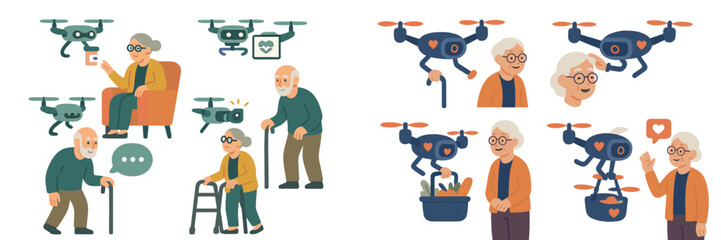 Elderly individuals interacting with drones and robots in a cozy indoor environment during a lively afternoon gathering