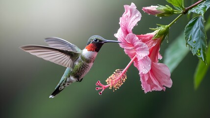 Fototapeta premium A hummingbird hovering near a beautiful pink flower, capturing a moment of nature's beauty