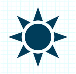 Sun icon with rays in dark blue on a white background with blue grid, minimalistic flat design.