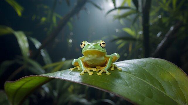 A green tree frog resting on a large leaf in a tropical rainforest. The frog is small and vibrant, with large, expressive eyes, creating a scene of serenity and beauty