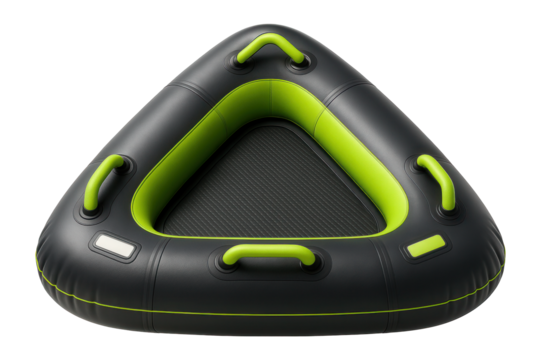 Triangular inflatable towable raft with multiple air chambers and a wide base for stability on water