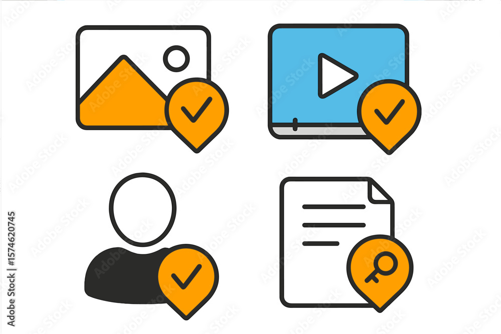 Poster icons representing different media formats, emphasizing content verification and user privacy