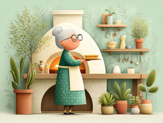 Grandmother making pie in kitchen in oven, old woman baking at home, elderly mother in apron prepares pizza or cake, home cooking, parental care