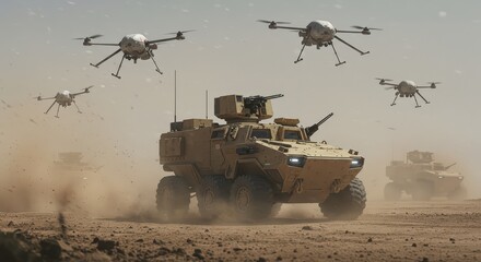 Military Drones and Armored Vehicle in Desert Operation