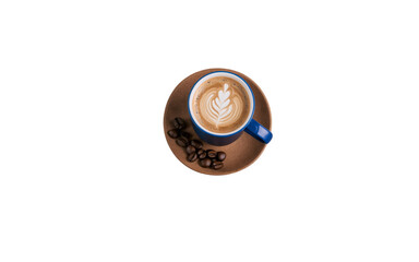 top view of cup of coffee in blue cup Flat Lay Transparent PNG on White Background for Branding and Eco Templates

