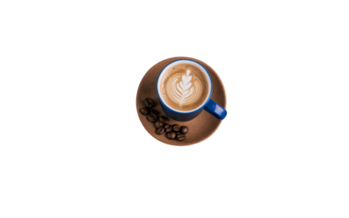 top view of cup of coffee in blue cup Flat Lay Transparent PNG on White Background for Branding and Eco Templates

