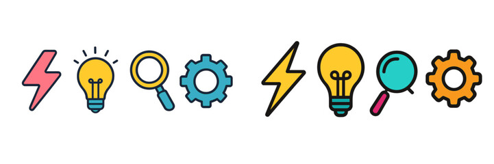 Creative illustration of various symbols representing ideas, innovation, and technology in a colorful design