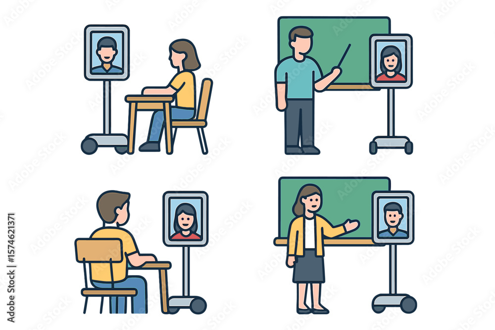 Poster students interact with educators using digital displays in a modern classroom setting focused on rem