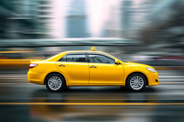 Unbranded yellow taxi captured from the side while moving at high speed, motion blur effect applied to wheels and background, 
