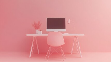 Modern home office desk setup with computer, chair, and decor in minimalist pink aesthetic