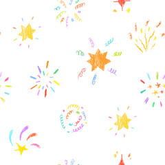 Kids seamless pattern with firework or star sparkle with crayon pencil effect