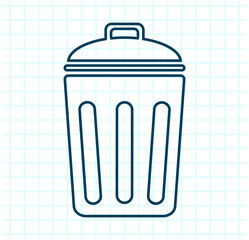 Trash can icon with lid and slotted design in dark blue on white grid background representing delete or waste