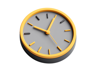  3D icon of a clock, in grey and yellow colors on a white background, with a minimalistic design, simple shapes, and smooth textures 