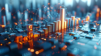 Futuristic cityscape with illuminated skyscrapers and digital network overlay