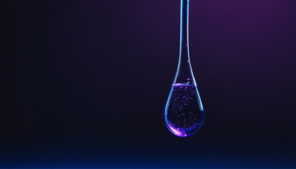 Hypnotic glowing droplet with purple energy sparks, eye-catching sci-fi effect, eye-catching marketing visual for tech and cosmetic advertisements