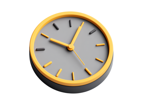  3D icon of a clock, in grey and yellow colors on a white background, with a minimalistic design, simple shapes, and smooth textures 